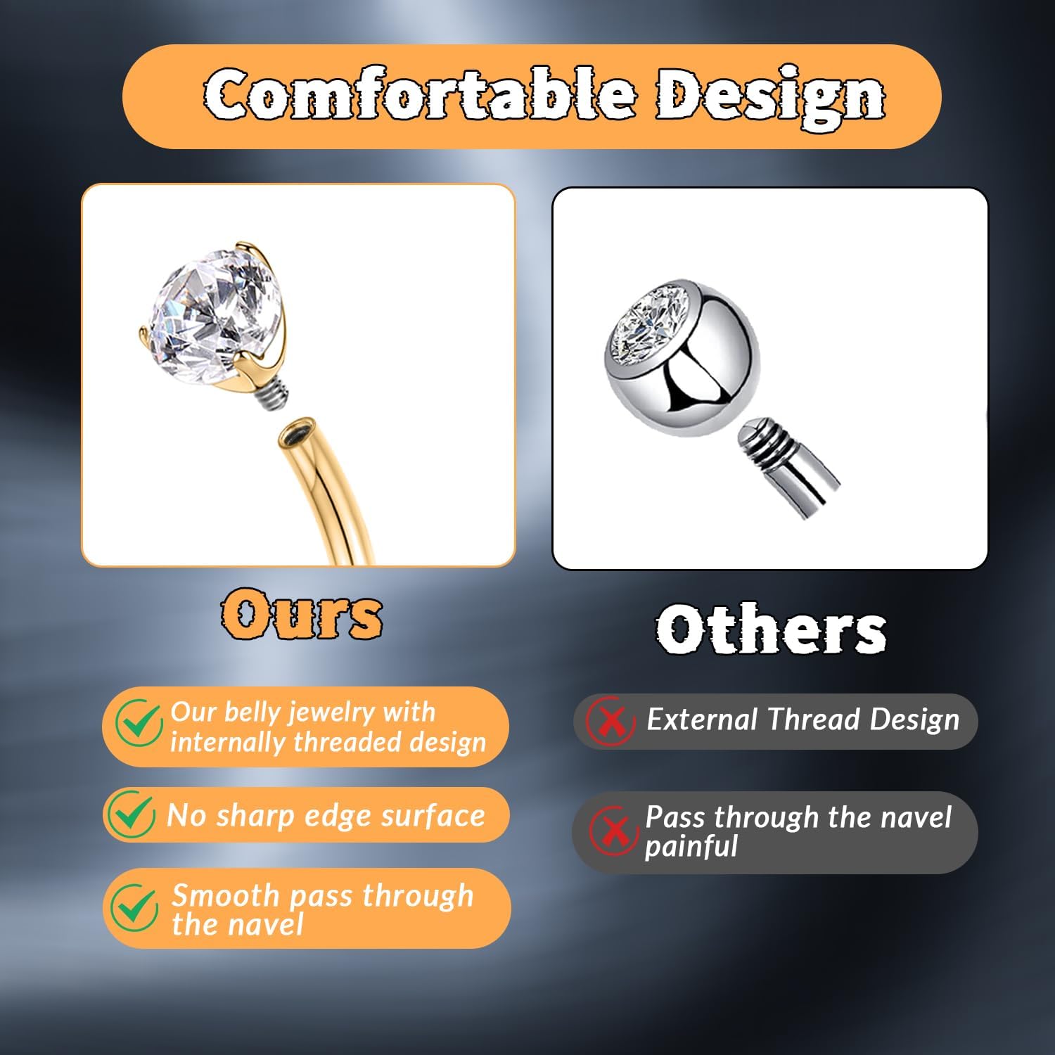 GAGABODY G23 Titanium Navel Piercing Ring Navel Rings Belly Rings 3/8 inch 10mm 14G Belly Button Rings Belly Piercing Prong Set Belly Button Piercing Water Drop Shape Double Sparkle Navel Barbell - Image 4