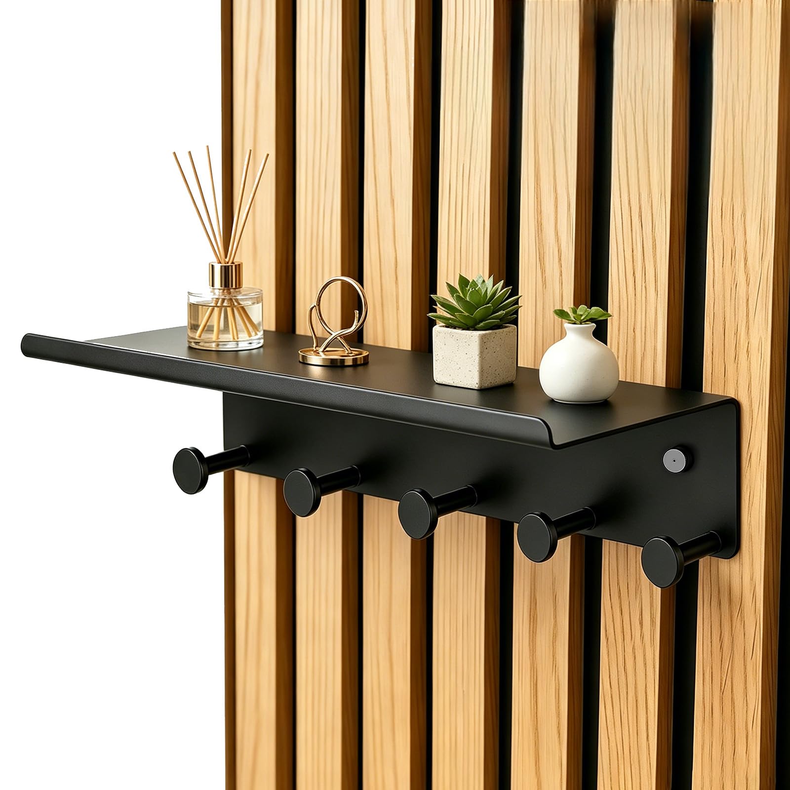Scaffale da parete per pannelli acustici, 40 x 14 cm, senza fori, con ganci, in metallo nero opaco, accessori per casa e ufficio