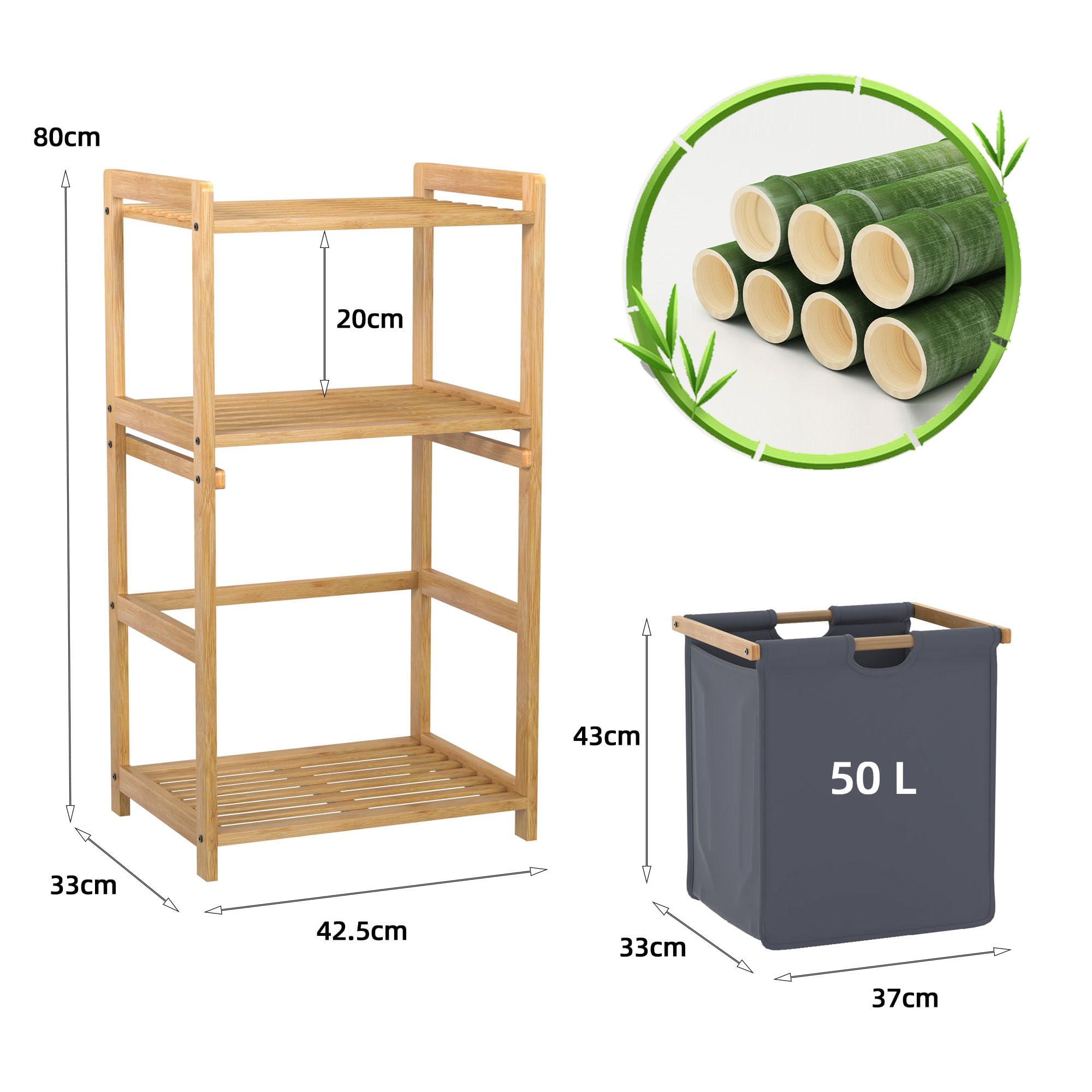 Cesta Ropa Sucia, Mueble Ropa Sucia, Bambú, 80X43X33cm, Compartimentos de 50L, Laundry Basket & Mueble de Lavandería de Baño, con 2 Estantes