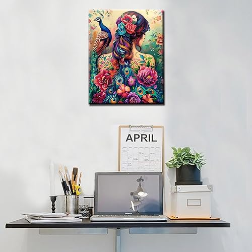 Miniatura 2 de Pintura por números para adultos principiantes, flores, pavo real y niña, pintura por números sobre lienzo, fácil de pintar para principiantes con