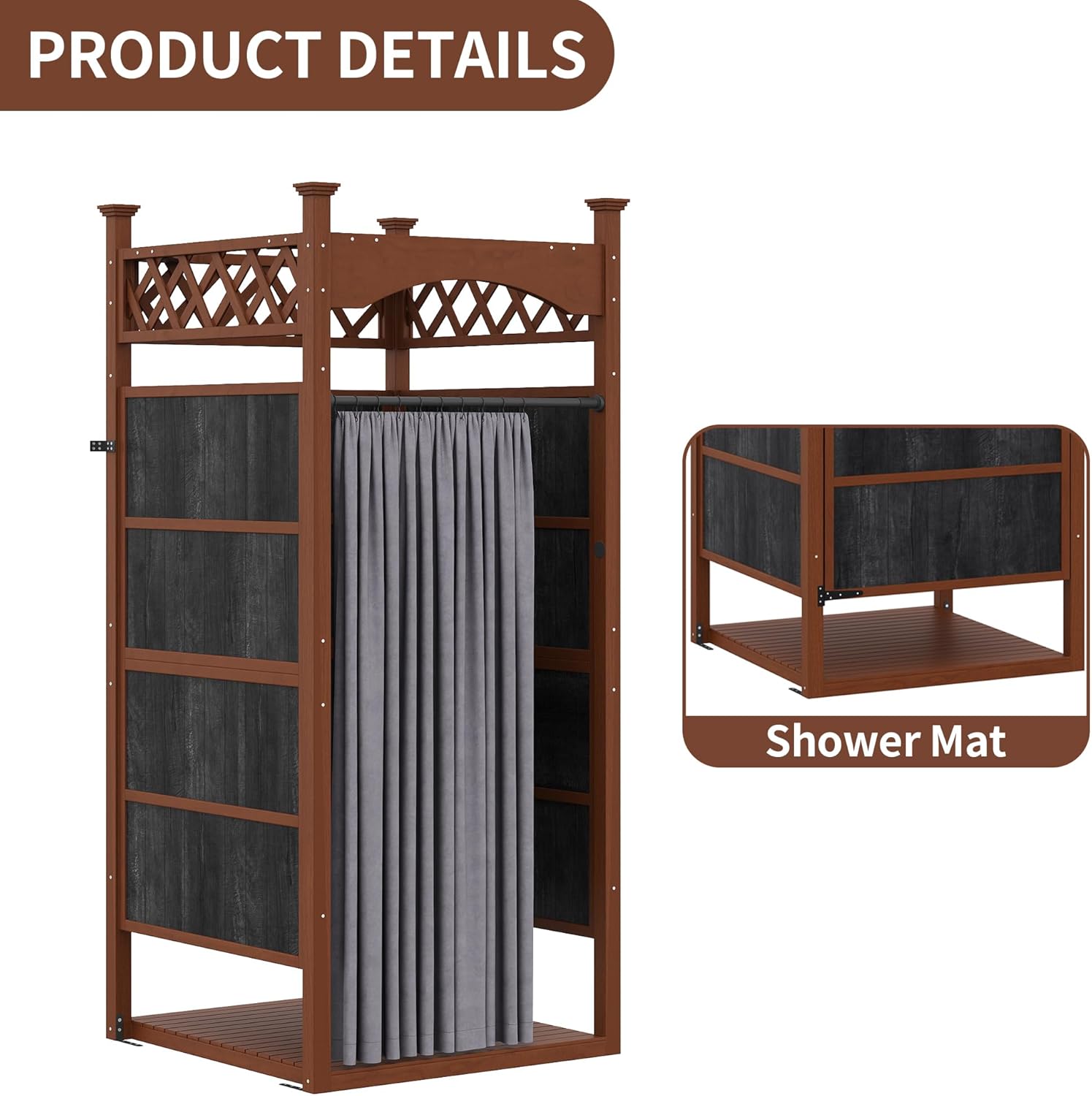 Outdoor Shower Enclosure with Shower Mat & Curtain, Solid Wood Privacy Outside Shower Stall, Outdoor Changing Room for Pool Wash Station, Patio or Beach Rinse Station