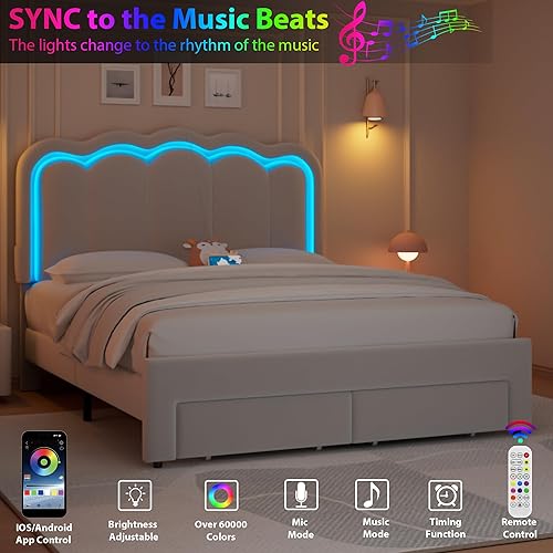 Miniatura 5 de Base de cama LED tapizada tamaño matrimonial con 2 cajones de almacenamiento y cabecera doble ondulada ajustable, cama de plataforma de terciopelo
