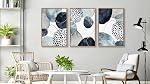 NINEASO Abstract Geometric Framed Wall Art – Deep Blue and Brown Minimalist Canvas Pictures Indigo Shapes Painting Artwork for Living Room, Office & Home Wall Decor 60 x 40cm * 3, Natural Wood Frame
