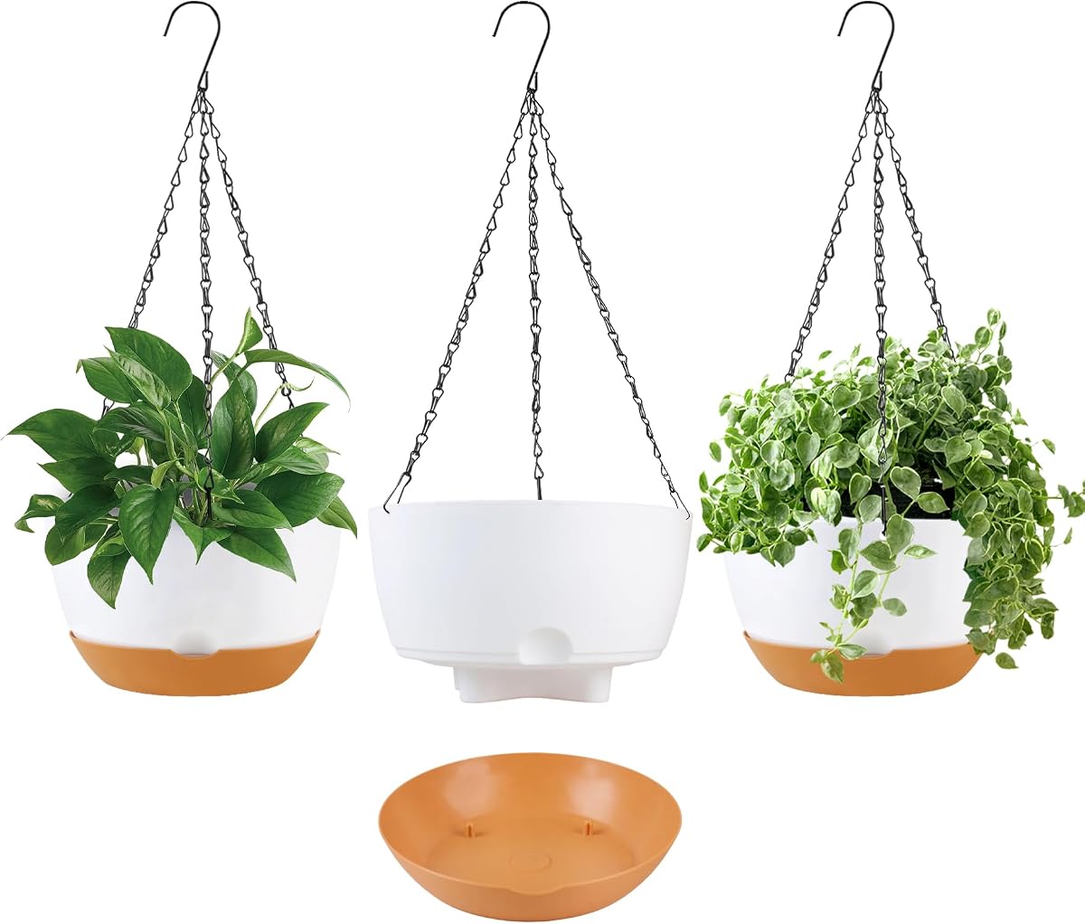 KPUVX 10 inch Hanging Planters Self Watering Pots, 3 Pack, White | For Indoor Plants, Plastic Hanging Basket, Removable Tray, For Home Garden Porch Balcony Patio Decor