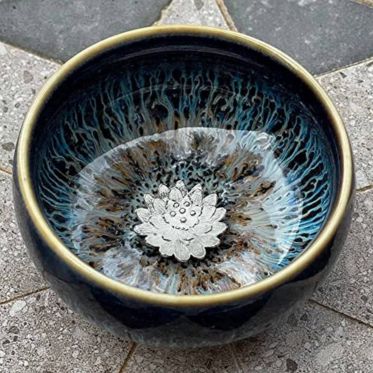 Kubek Jianzhan Tenmoku • Porcelanowy kubek do herbaty ze srebrnym kwiatem • pojemność 50 ml • herbata dusza