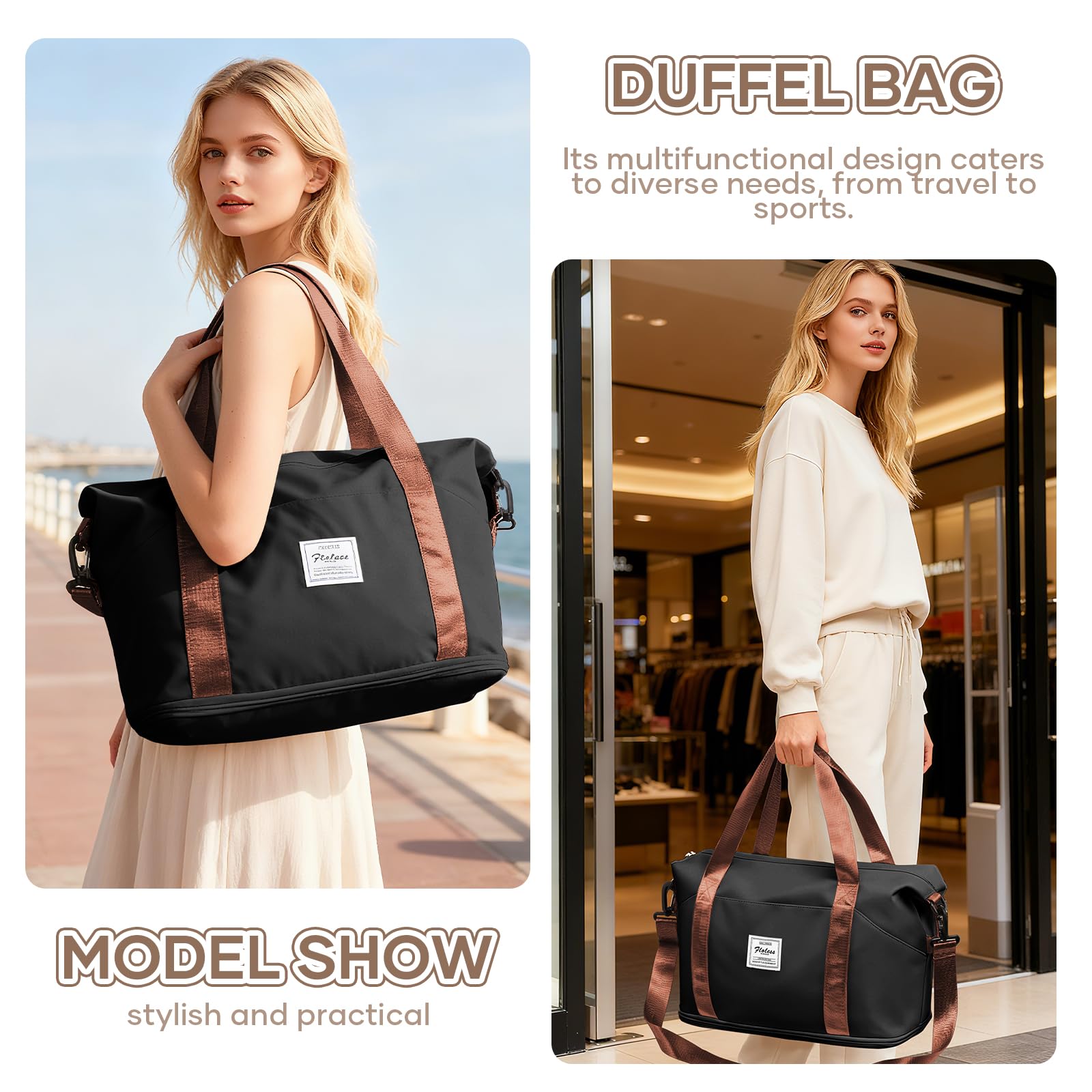 SEAFEW Bolsa de Viaje 40x20x25 para Ryanair,Bolsa de Mano Equipaje de Fin de Semana 40x30x20 para Mujer,Impermeable Bolsa de Deporte para Gimnasio,Bolso de Natación para Playa,A4-Negro-Marrón