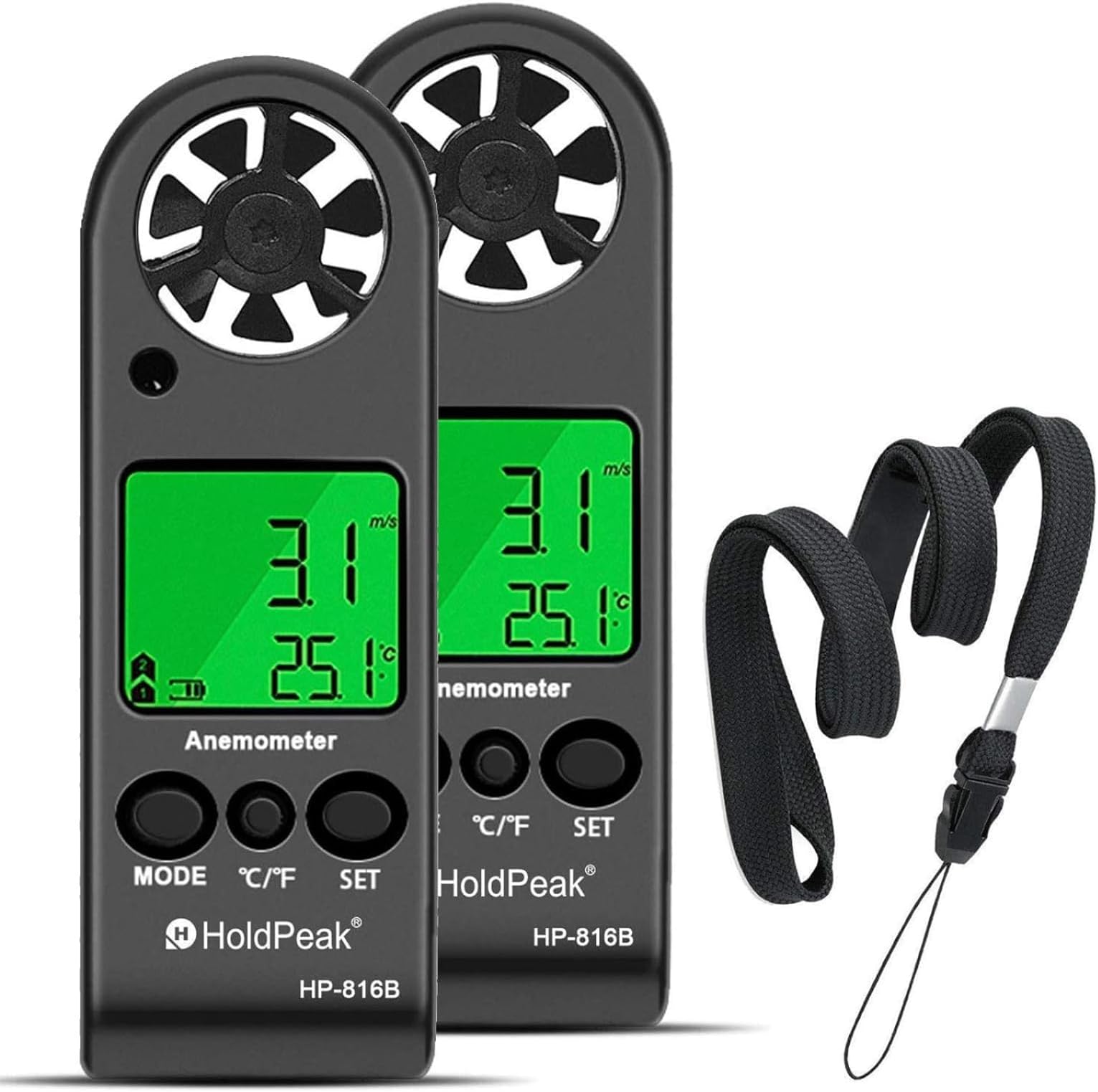 Small Digital Anemometer 2PCS, 816B 0.3~30m/s Handheld Wind Speed Gauge for Outdoor, Digital Wind Speed Meter for Wind Velocity, Temperature℃/℉ with Backlight, Wind Chill Indicator, MAX/AVG