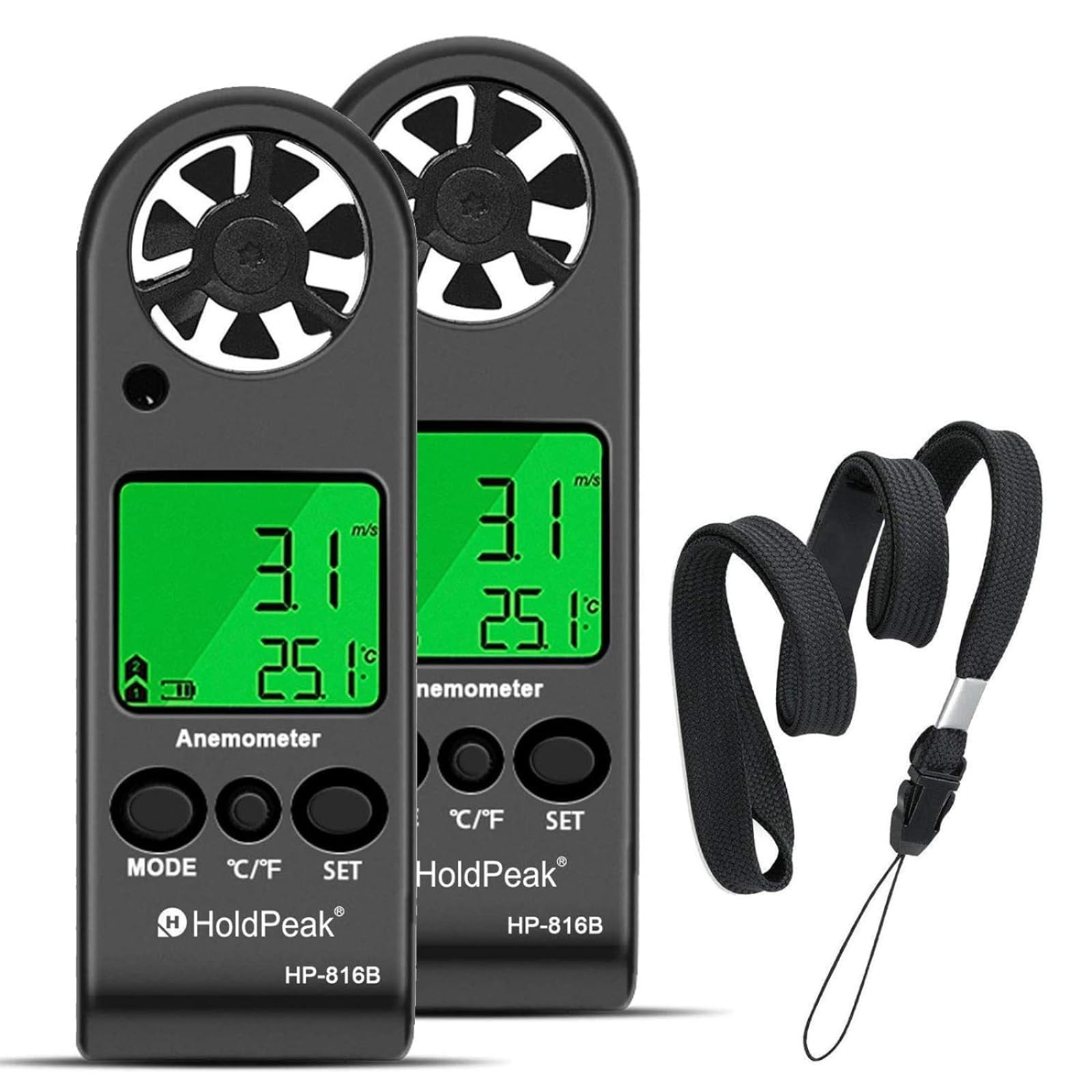 Small Digital Anemometer 2PCS, 816B 0.3~30m/s Handheld Wind Speed Gauge for Outdoor, Digital Wind Speed Meter for Wind Velocity, Temperature℃/℉ with Backlight, Wind Chill Indicator, MAX/AVG