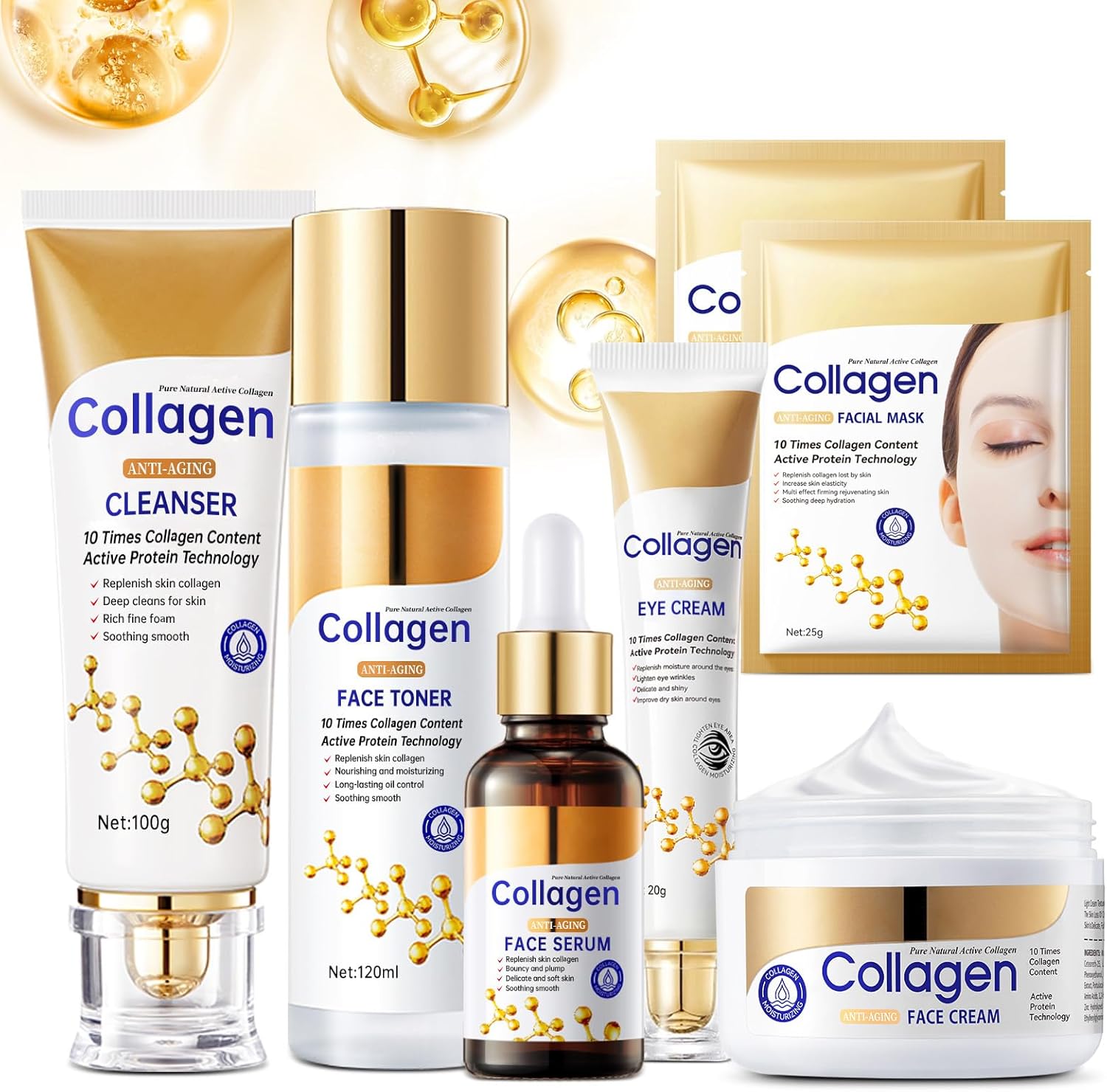 Collagen Skin Care Set, Anti Aging Skincare Set for Wrinkles & Fine Lines, Shrink Pores, Hydrate & Firm Skin, 7 Pcs Skincare Kits for Women with Cleanser, Toner, Serum, Cream, Eye Cream, 2 Pcs Masks.
