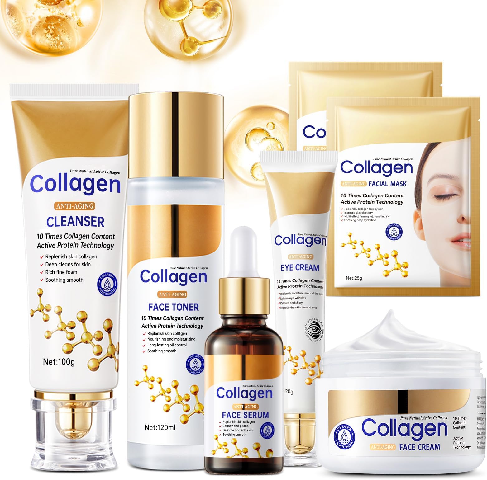 Collagen Skin Care Set, Anti Aging Skincare Set for Wrinkles & Fine Lines, Shrink Pores, Hydrate & Firm Skin, 7 Pcs Skincare Kits for Women with Cleanser, Toner, Serum, Cream, Eye Cream, 2 Pcs Masks.
