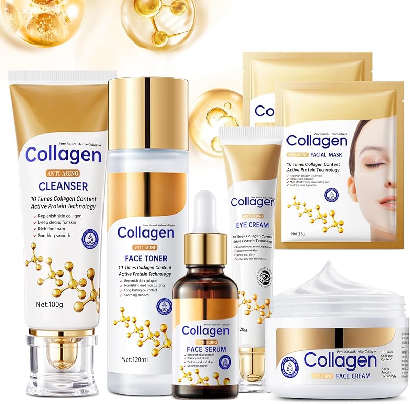 Collagen Skin Care Set, Anti Aging Skincare Set for Wrinkles & Fine Lines, Shrink Pores, Hydrate & Firm Skin, 7 Pcs Skincare Kits for Women with Cleanser, Toner, Serum, Cream, Eye Cream, 2 Pcs Masks.