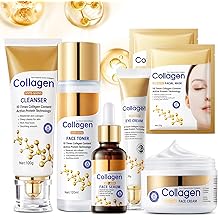 Collagen Skin Care Set, Anti Aging Skincare Set for Wrinkles & Fine Lines, Shrink Pores, Hydrate & Firm Skin, 7 Pcs Skincare Kits for Women with Cleanser, Toner, Serum, Cream, Eye Cream, 2 Pcs Masks.
