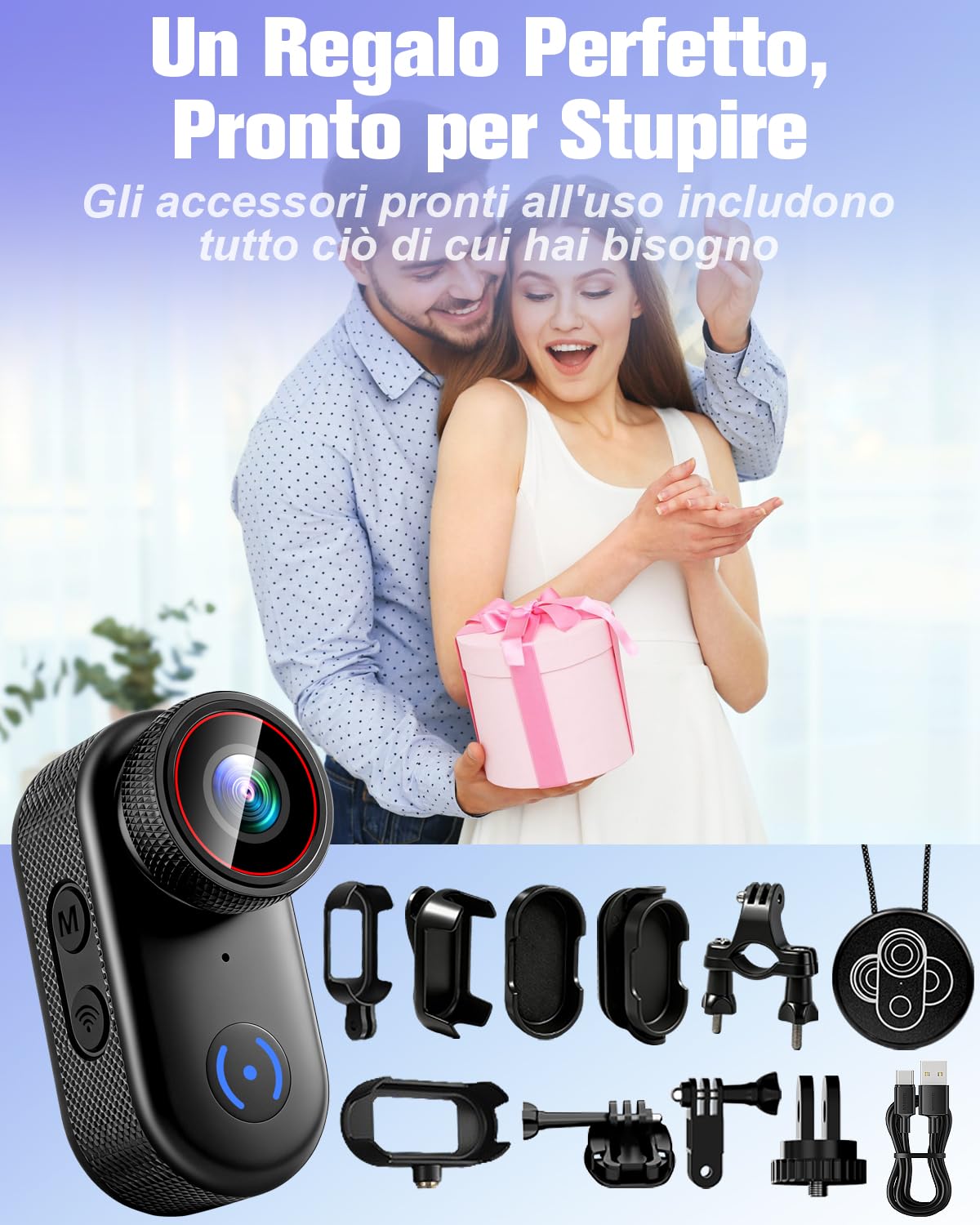 Generico Action Cam 4K, Mini Body Cam WiFi, 360° Portatile Telecamera Sportiva, Moto Videocamera POV Magnetica, Telecamera Casco con Accessori Multifunzione per Ciclismo, Animali Domestici, Vlogging