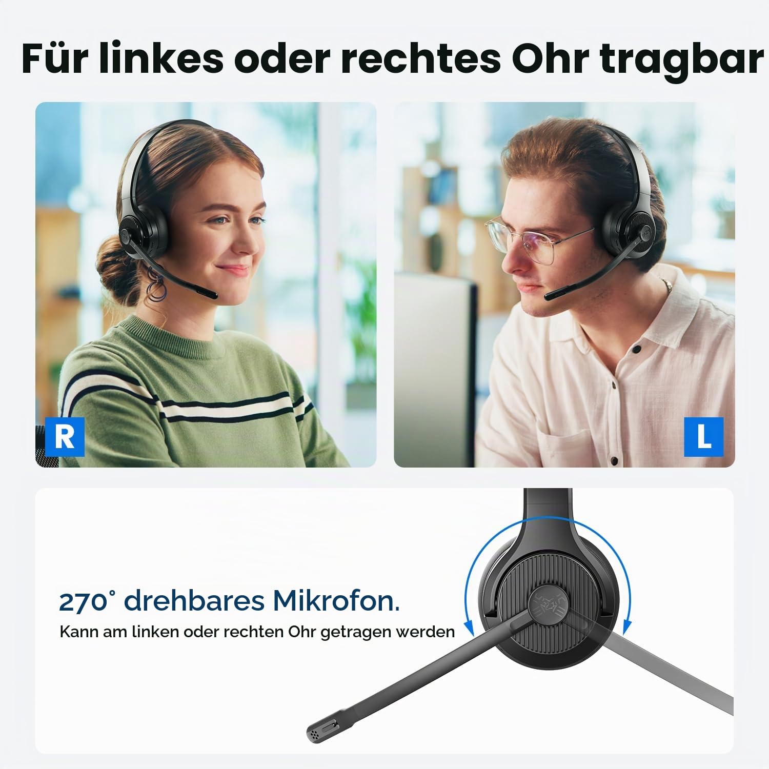 EKSA H3 Bluetooth Headset mit Mikrofon, [65 Stdn Wiedergabezeit & 30M Reichweite] Wireless Headset Mono PC Headset mit Mic Rauschunterdrückung, Upgraded 5.4 Bluetooth Kabellose Headset für Büro/Office