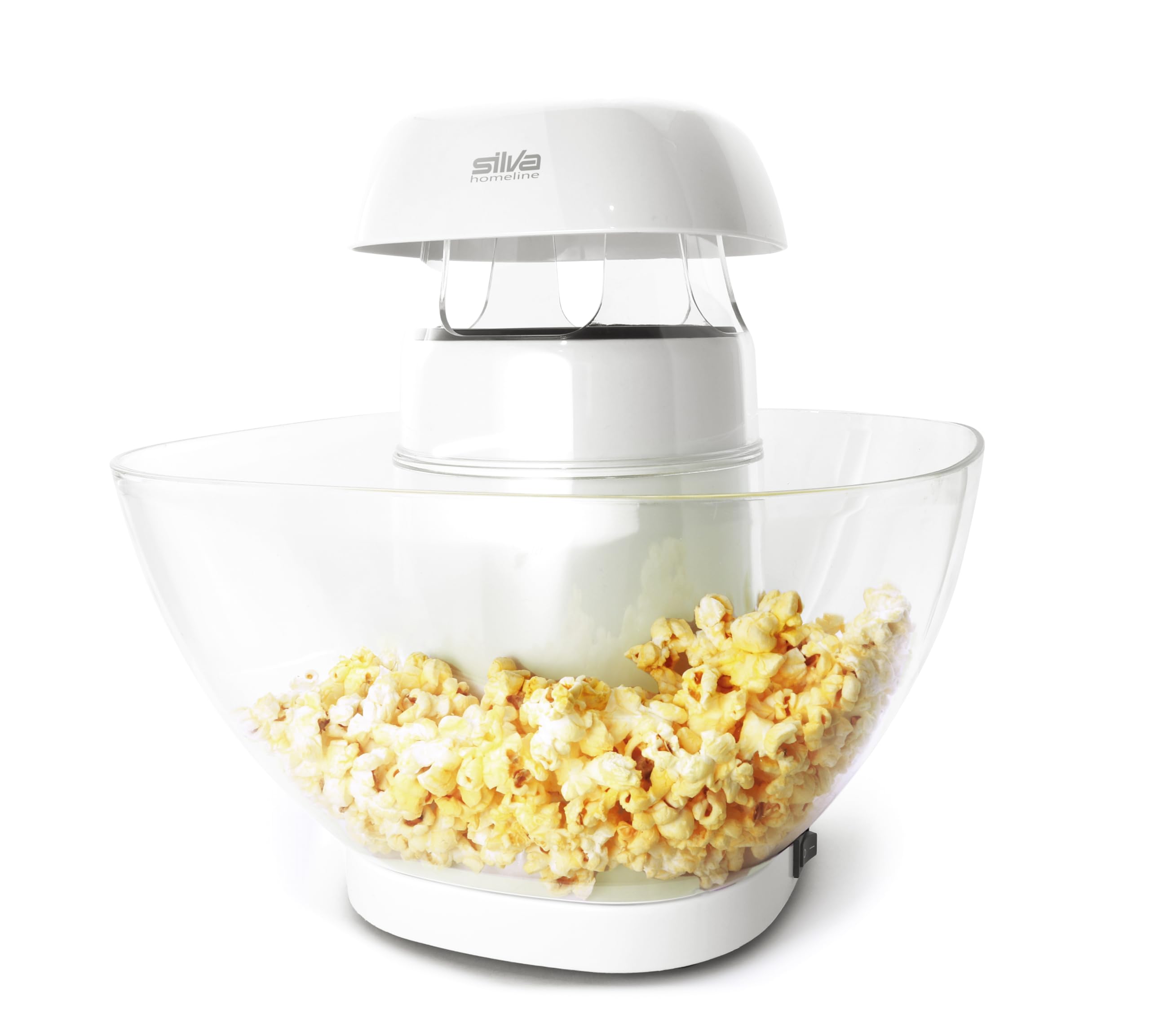 Silva Schneider Heißluft-Popcornautomat PM 440, 1200 W – fettfreie Zubereitung in 2 Min., inkl. 4,5 L Schüssel, automatische Abschaltung, Ein/Aus-Schalter, rutschfest – Weiß