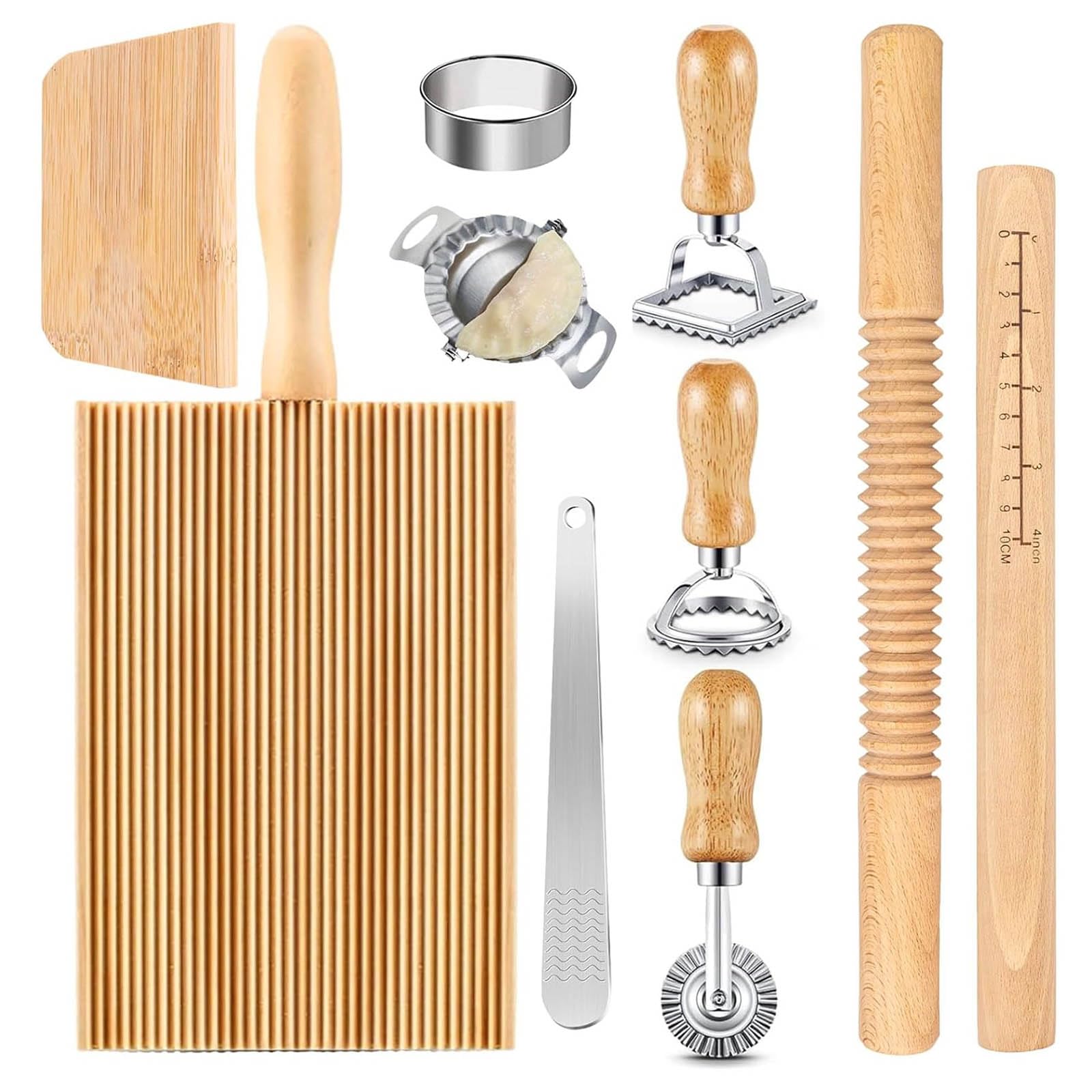 TFAOYS Pastas Making Set Includes Wood Rolling Pin with Scales Gnocchi Board Dough Scraper and Ravioli Stamp Dumpling Maker Wood Kitchen Tool
