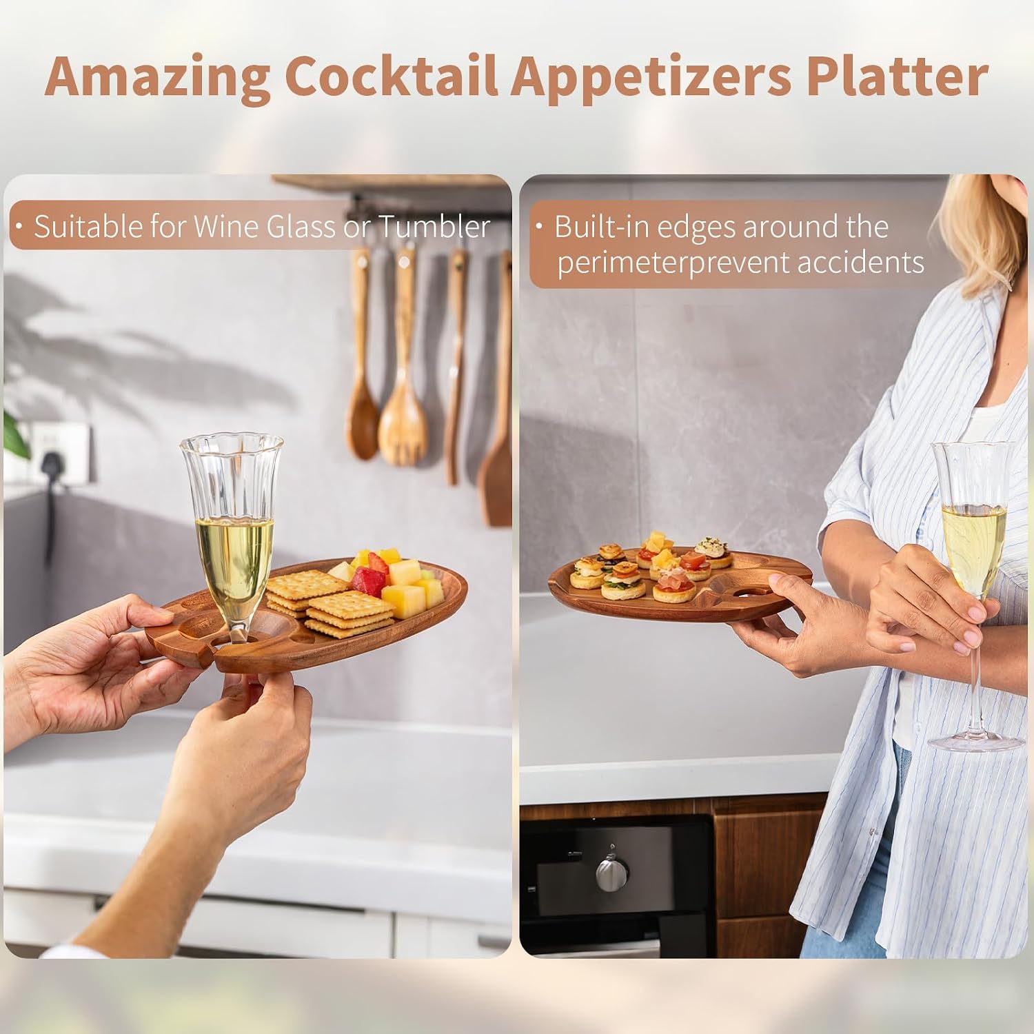 GinSent Wood Appetizer Plates With Wine Glass Holder,Set of 4