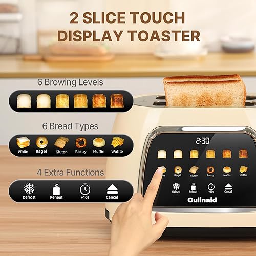 Miniatura 5 de Tostadora de 2 rebanadas con pantalla táctil inteligente, tostadora digital retro de acero inoxidable con ranura extra ancha de 1.5 pulgadas con