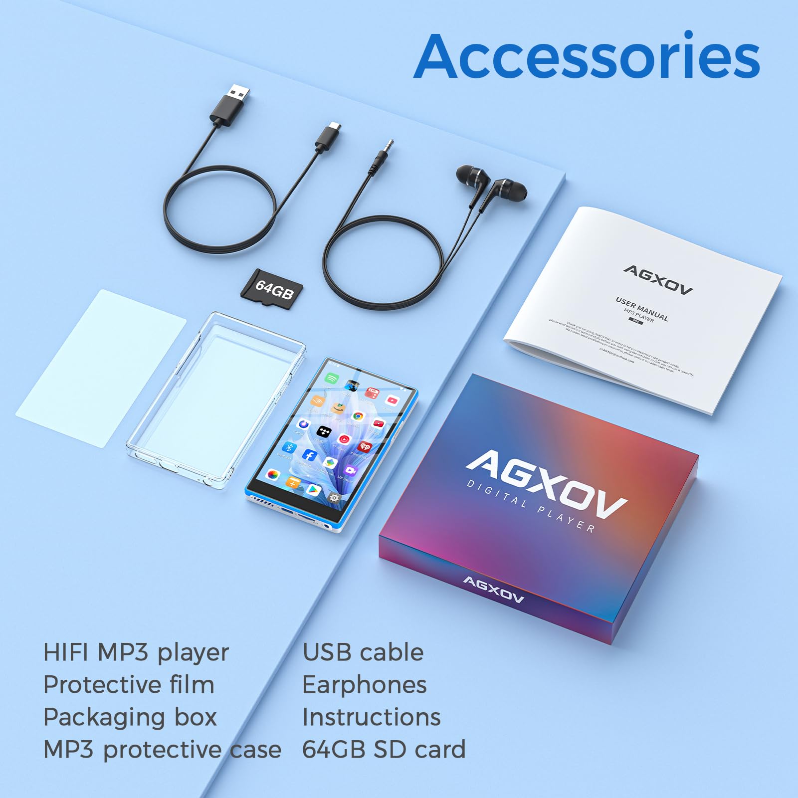 Lecteur MP3 avec Bluetooth et WiFi, Android 13 Lecteur MP4 avec Écran Tactile de 5 Pouces et Haut-parleurs, 96Go Baladeur MP3 avec Spotify, Deezer, Amazon Music, Bleu & Blanc