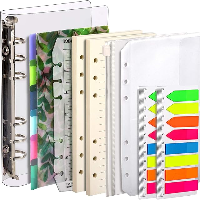 Personal Binder Notebook Refills Set, Teenitor A6 Loose-Leaf Binder with Page Dividers, 2 Packs A6 Lined Paper Refills, 1pcs A6 Zipper Binder Pockets & 2-Pocket Bag, 320pcs Index Note Tabs & Ruler