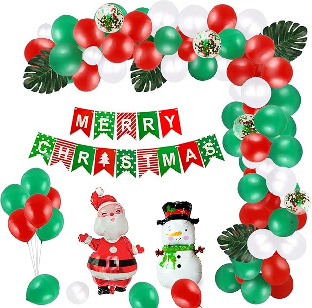 100Pcs Christmas Balloon Garland Arch Kit-Merry Christmas Banner,Santa Claus and Snowman Foil Green Red White Confetti Arch Balloons with Balloon Decorating Strip,For Xmas Holiday Party Decor