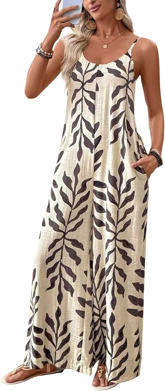 Yeokou Women Leaf Print Spaghetti Straps Wide Leg Casual Boho Overalls
