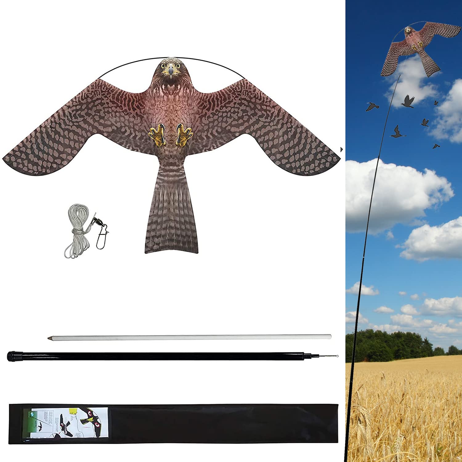 flerigh bird hawk flying kite with pole crops farm protector bird scarer flying kite with 4m pole-style a