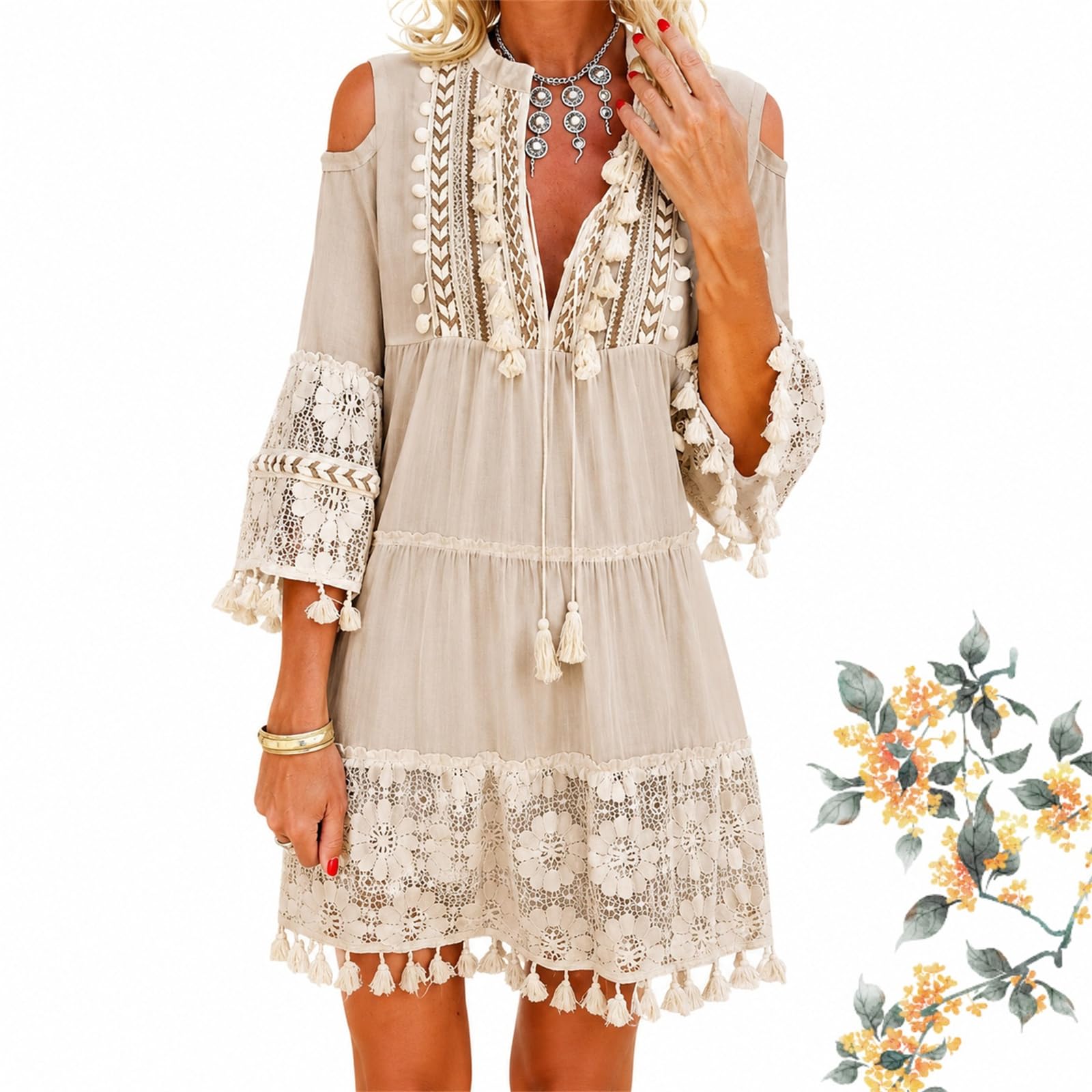 Abito Boho da Donna con Spalle Scoperte e Dettagli Traforati, Maniche a 3/4 con Nappine e vestibilità Ampia, Stile Bohémien, Perfetto per la Spiaggia e Le Vacanze