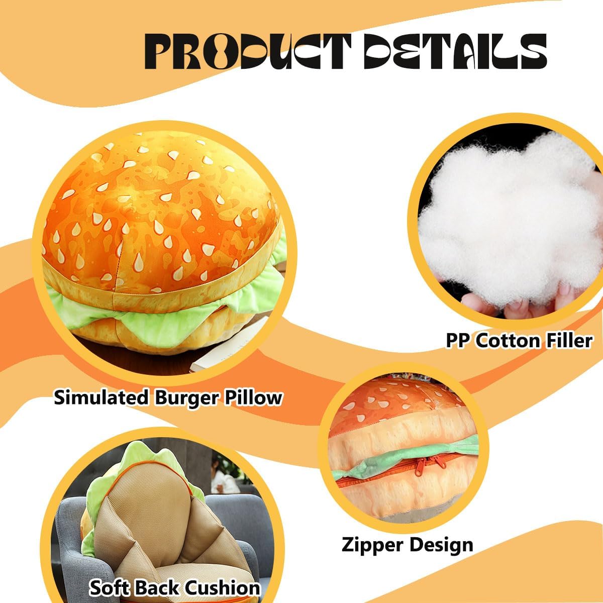 Hamburger Pillow, Cheeseburger Pillow Plush, Soft Burger Floor&Back Cushion Funny Food Pillow Gifts, Cheese Burger Throw Pillows for Sofa Couch(Hamburger)