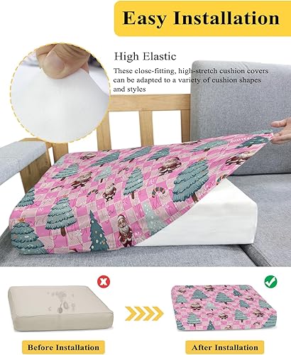 Miniatura 5 de Wowouhiya Christmas Couch Cushion Covers, Stretch Sofa Cover with Elastic Bottom, Xmas Tree Winter Snowflake Santa Pink Checkered Sofa Slipcovers