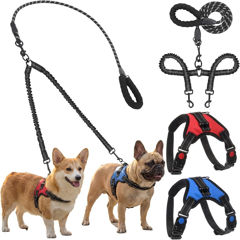 Guia dupla para cães com peitorais refletivos Sunnymove, nylon, giro 360° e ajuste M para peitos de 52 a 62 cm
