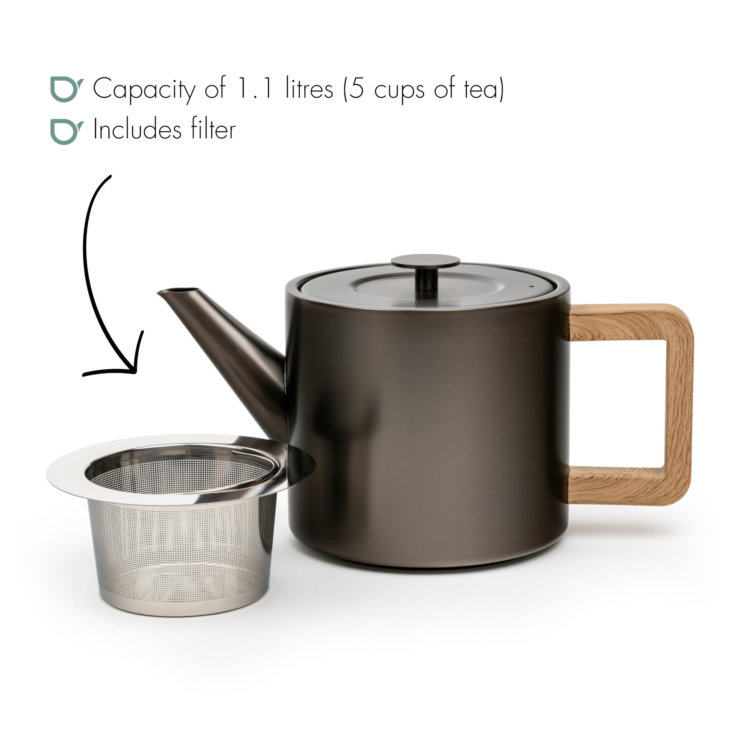 Bredemeijer Pequeña tetera de acero inoxidable de 1,1 litros, doble pared, color gris metalizado con filtro de té, para disfrutar del té durante más tiempo