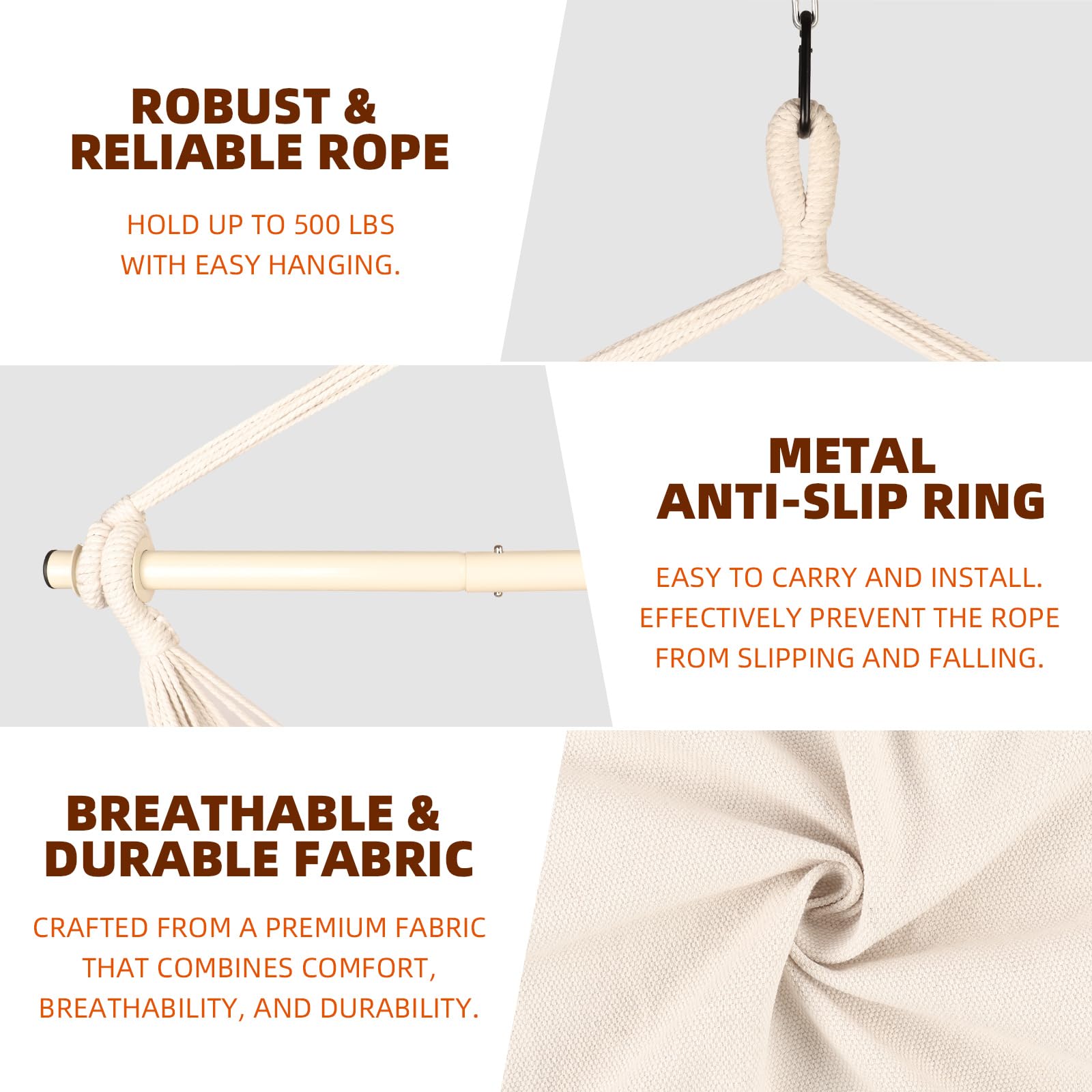 Ciouper Hammock Chair Hanging Rope Swing with Stylish Tassels - Max 500 Lbs - 2 Cushions Included - Heavy-Duty Steel Spreader Bar with Anti-Slip Rings - for Any Indoor or Outdoor Spaces (Beige)