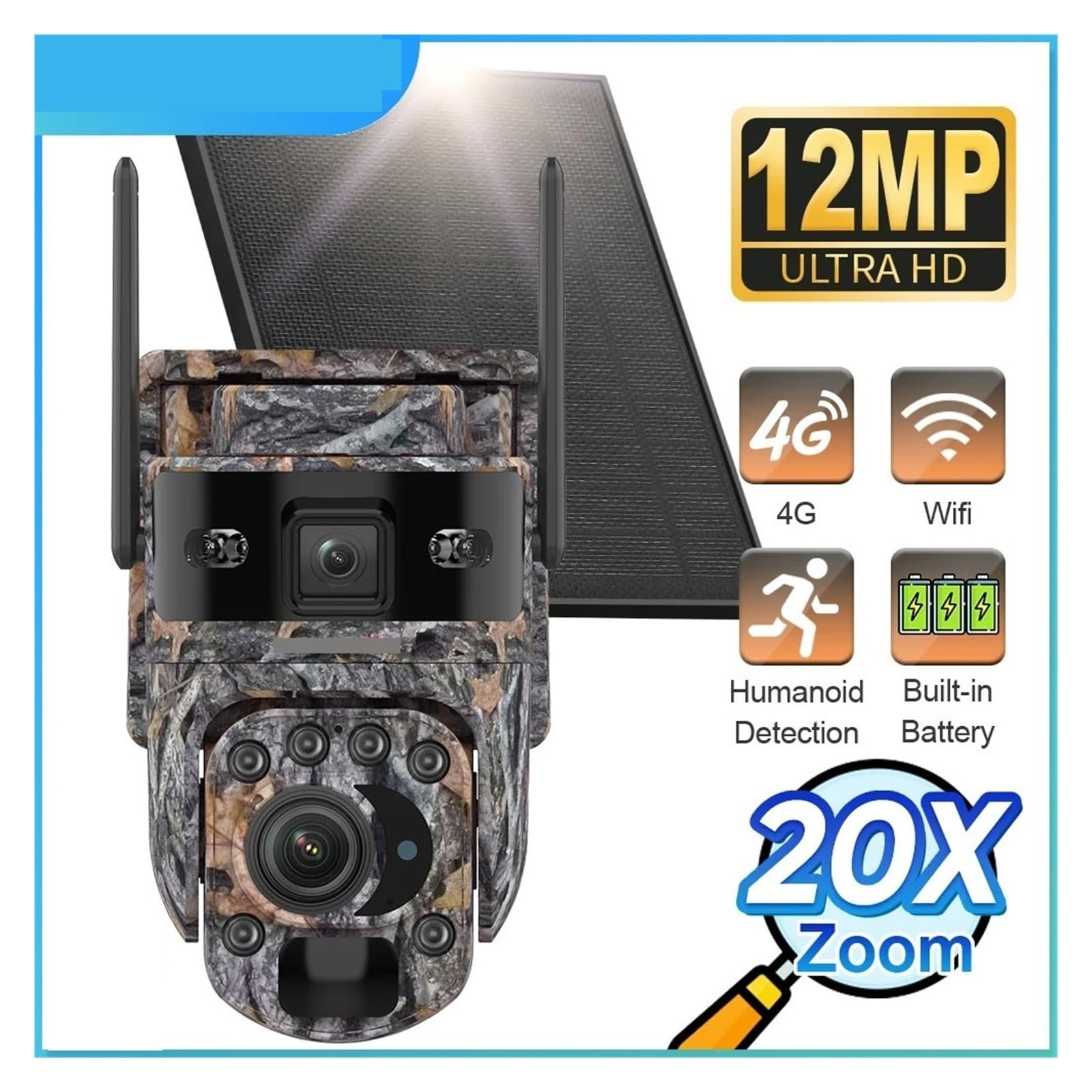 Cámara Solar de 12MP con Zoom óptico 20X, 4G/WiFi, cámaras PTZ de Camuflaje for Exteriores, cámara de vigilancia CCTV Solar for Caza(4G No Zoom No Card)