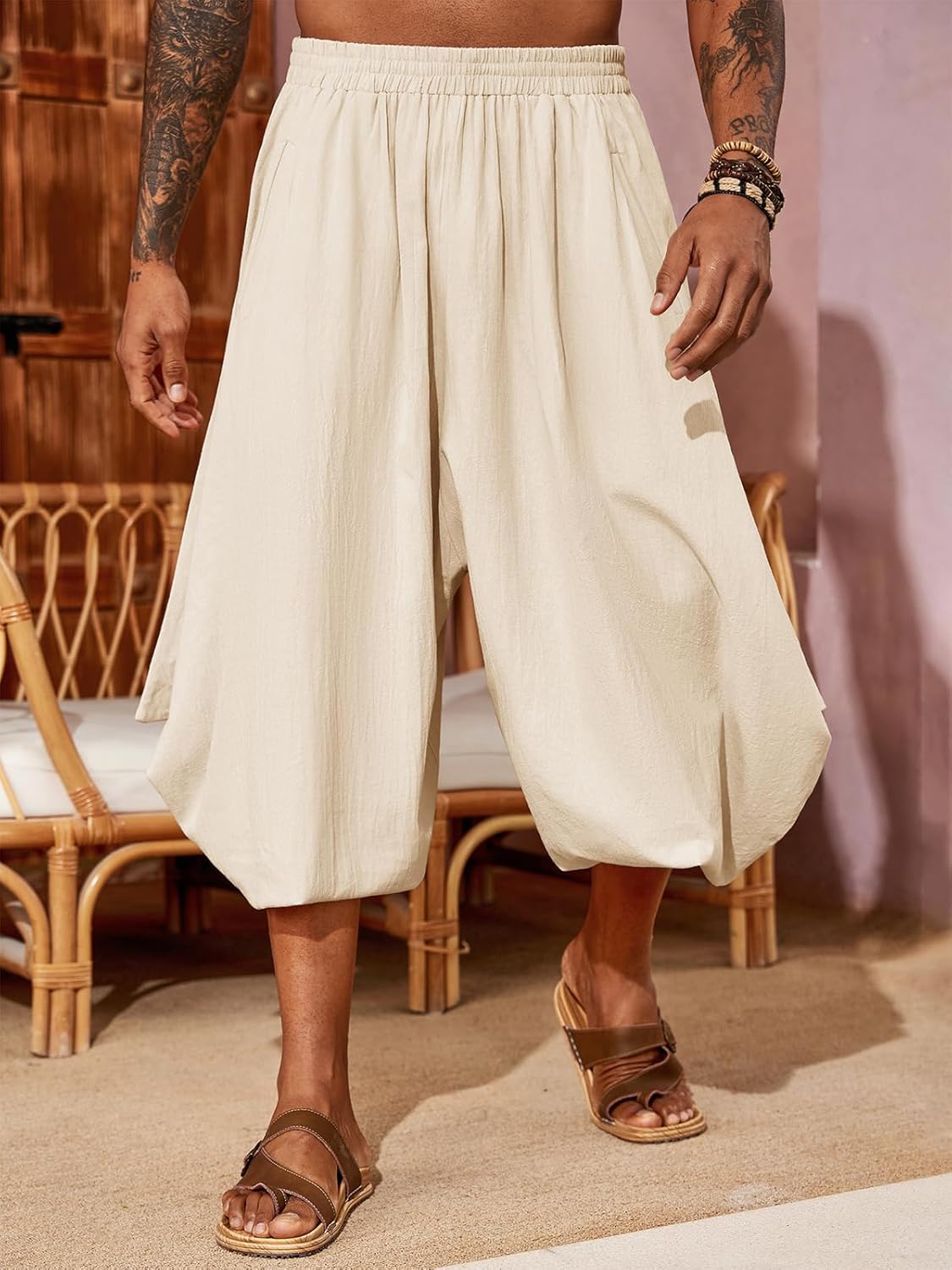 PASLTER Mens Harem Pants Linen Yoga Beach Baggy Summer Boho Aladdin Genie Pants - Image 2