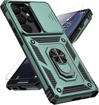 for Samsung Galaxy S25 Ultra Case with Slide Camera Cover HD Screen Protector [Military Grade Drop Tested] Magnetic Ring Holder Kickstand Protective Phone Case for Galaxy S25 Ultra 5G 2025, Dark Green