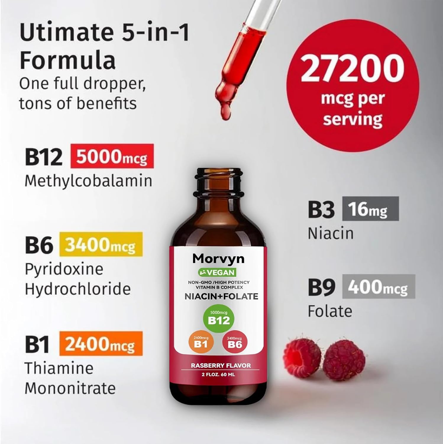 Morvyn Essential Vitamin Liquid Drops | 5-in-1 Vitamin B Complex Liquid Drops | B12 B6 B1 Drops - 60ml (2pcs)