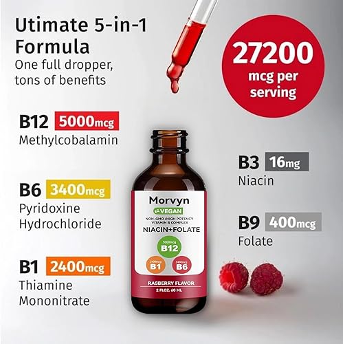 Miniatura 2 de Morvyn Gotas líquidas de vitamina esencial  Gotas líquidas de complejo de vitamina B 5 en 1  Gotas B12 B6 B1 - 2.0 fl oz (2 unidades)