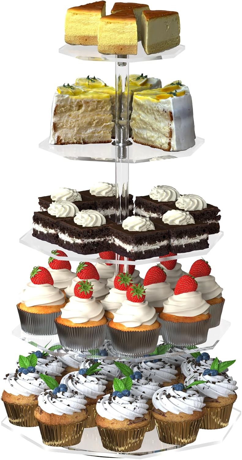4-Tier Rotating Cupcake Stand, Clear Acrylic 360° Spinning Dessert Display Tower for Cakes & Pastries, Serving Stand for Weddings, Birthdays, Parties-Polygon
