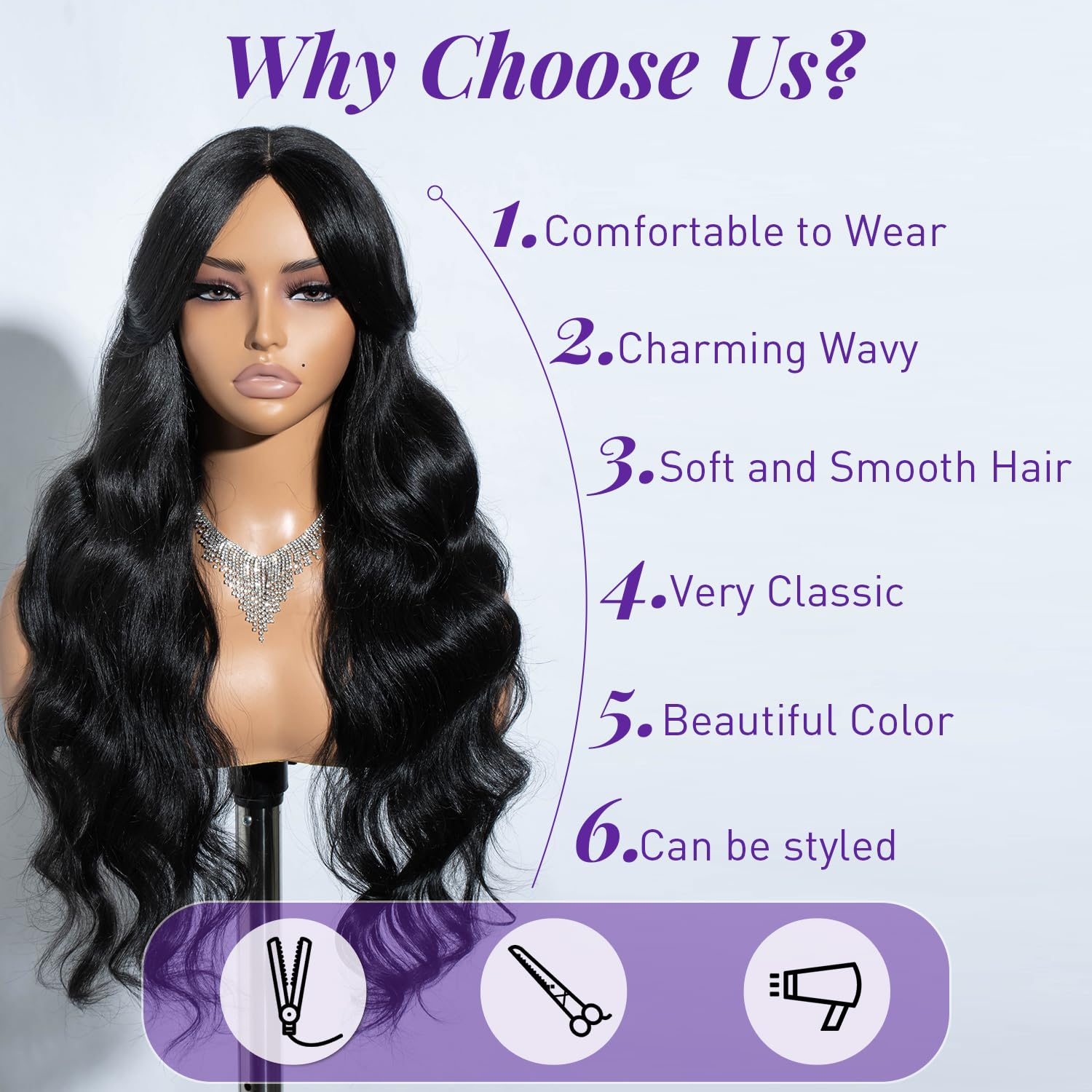 Joedir 24 Inches Curtain Bangs Natural Layered Synthetic Wig Deep Part Straight T Lace Front Wig For Women (1B - View #5