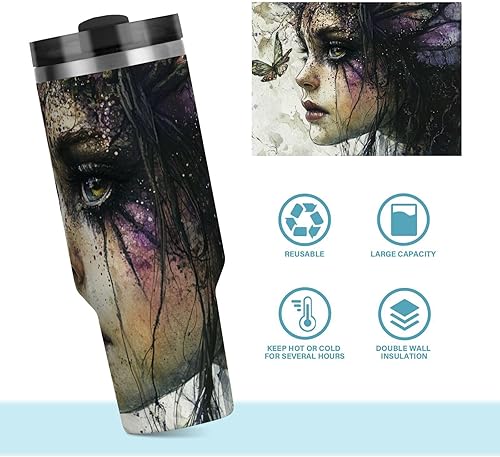 Miniatura 8 de Mysterious Beauty - Botella de agua reutilizable al vacío portátil con pajilla, resistente a fugas, abatible, decorativa, taza de café portátil para