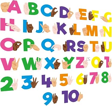 Resurhang 37 Pcs ASL Alphabet Line Bulletin Board Set,Bright Color | 37 Pcs Alphabet Letters Number Card, Colorful Number Sign Language Flash Cards, American Sign Language Flash Decorations