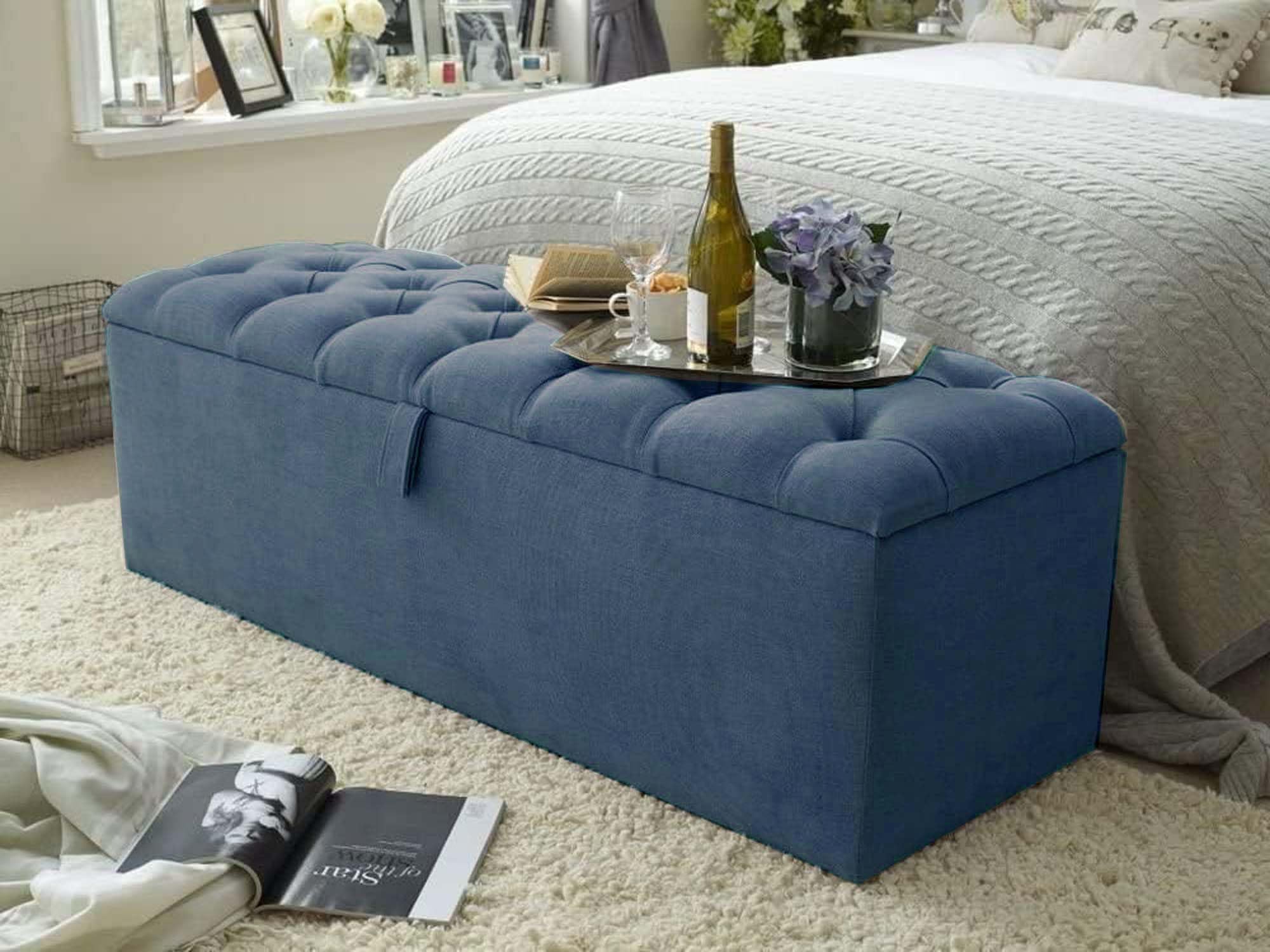 Ottoman Storage Box - Turin Fabric Upholstered Rectangular Pouffe Stool Footstool - Blanket Box End of Bed Bench Toy Box (Blue, 4ft Small Double Size)