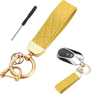 Leather Car Keychain, Heavy Duty Metal Car Key Chain Keyring with D-Ring, Rotatable Keychain, Key Ring for Men Women (Gold/Yellow)