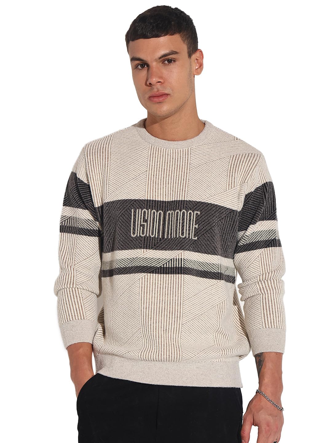 showoffff Edition Men's Typography Cream Ribbed Round Neck Sweater-LBR-2520_Cream-picture-11