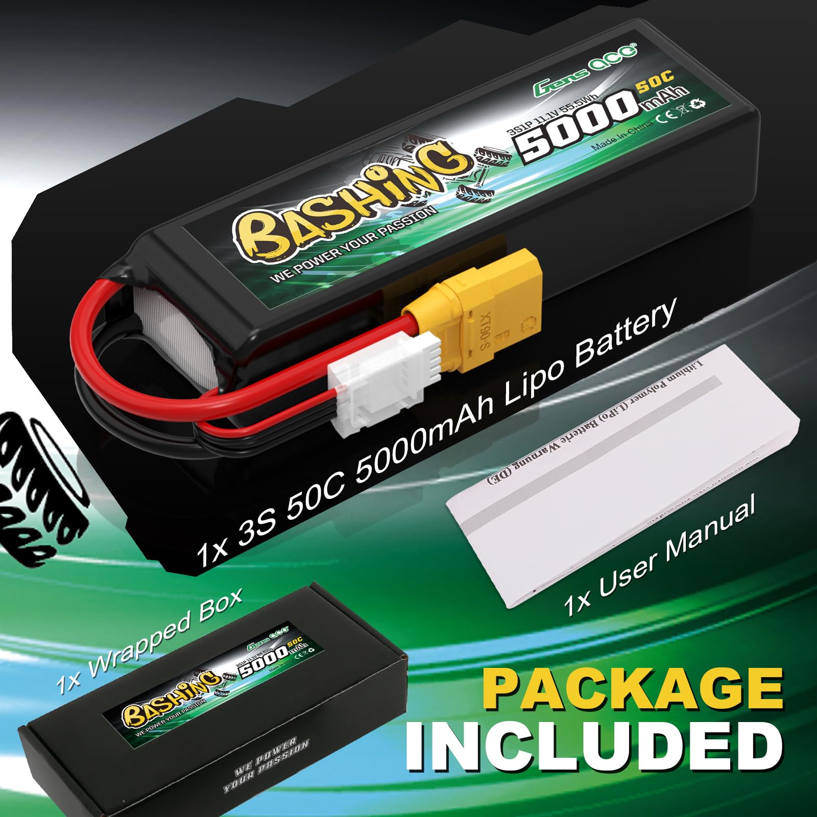 Gens Ace 3S LiPo akumulator 11,1 V 5000 mAh 50C z wtyczką XT90 bateria bashing do 1/8,1/10 RC samochód RC samolot, helikopter RC, RC Hobby