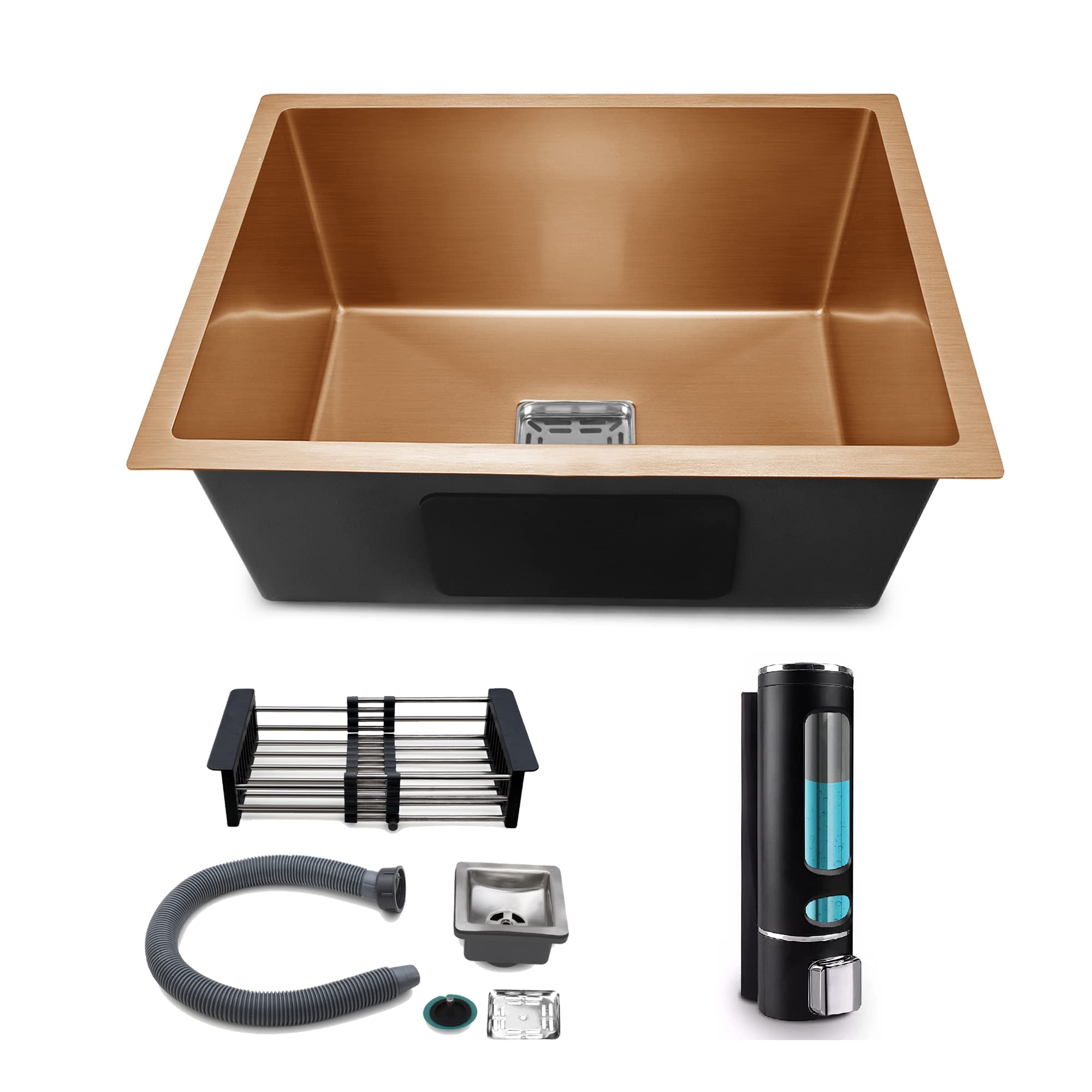 Messina 24" X 18" X 10" Stainless Steel Sink For Kitchen Handmade Sink Single Bowl Matt Rose Gold Finish With Sound Proof Pads|Waste Pipe|Square Coupling|Adjustble Rack & 400 ML Black Dispenser