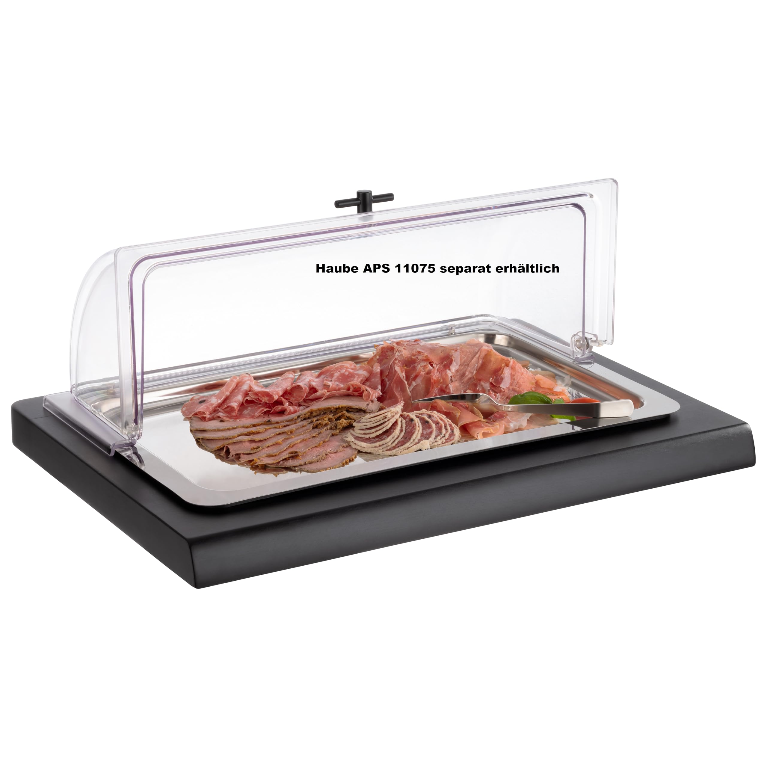 APS 11546 - Vitrina de madera de haya en color negro con bandeja de plástico, 60 x 41 cm, altura: 5 cm, incluye bandeja GN 1/1 de acero inoxidable 18/10 y 2 acumuladores sin campana