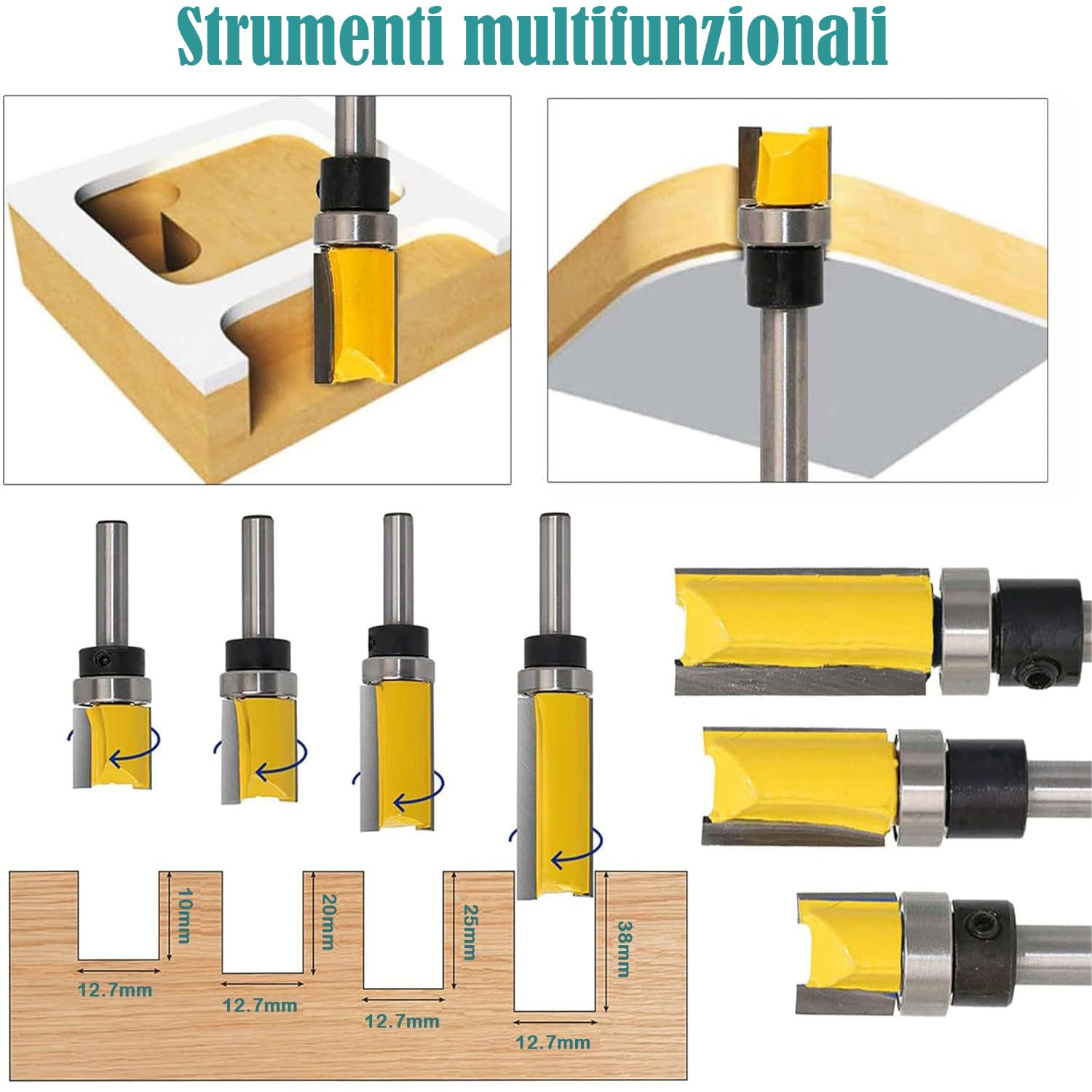 4 Pz Fresa a Taglienti Diritti 1/4" Shank con Cuscinetto Set per Rifilare e Lavorazione del Legno 6.35mm, Fresa per Scanalature e Frese Dritte