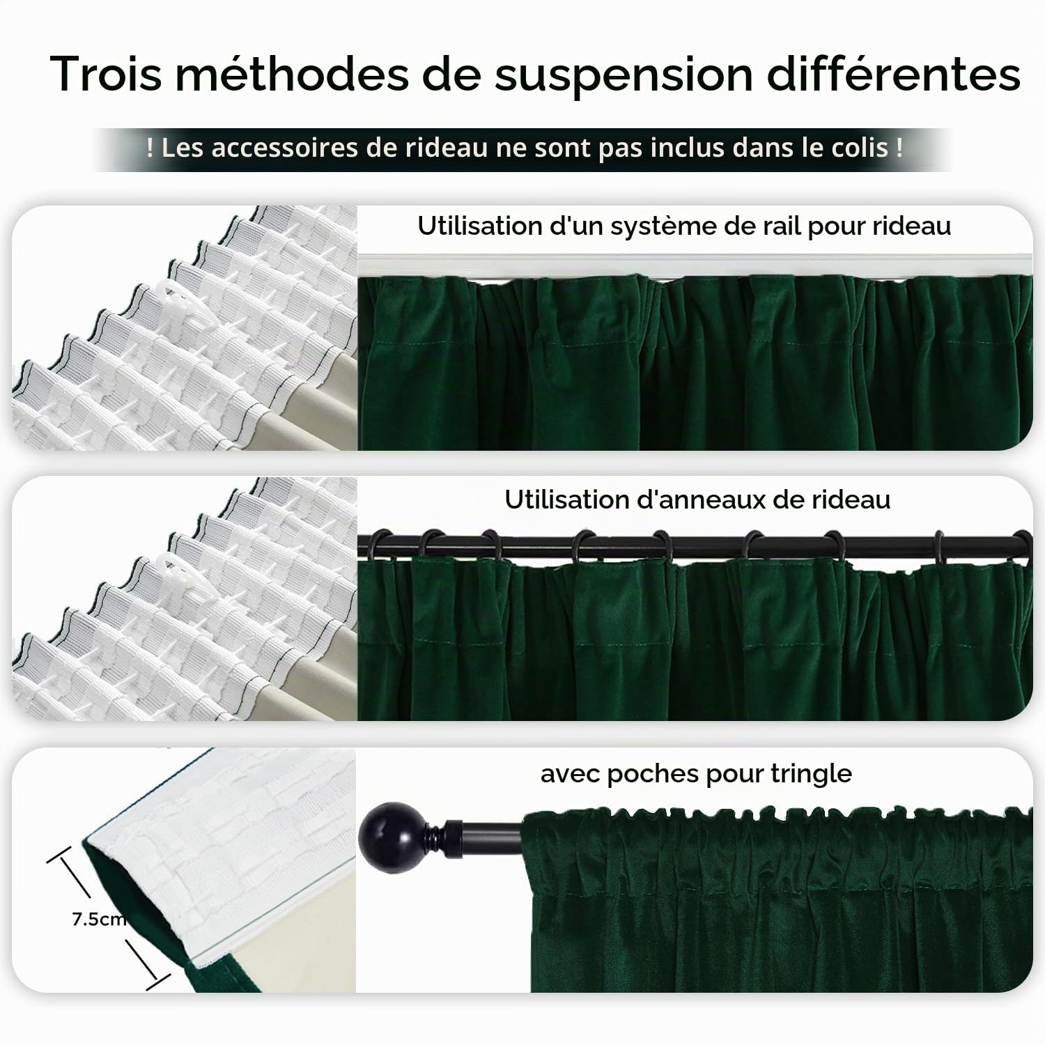Joydeco Rideau Velours Vert Foncé avec Galon Fronceur 132x245 CM 2 Pièces pour Rail et Passe Tringle, Rideau Occultant Thermique Anti Froid avec Revêtement 100% Anti-Lumineux, Épais Lourd 330g/m²